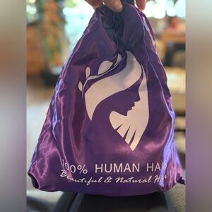 NEW IN PACKAGE Real Human Hair Wig Dark Brown 20in Long Purple Satin Storage Bag